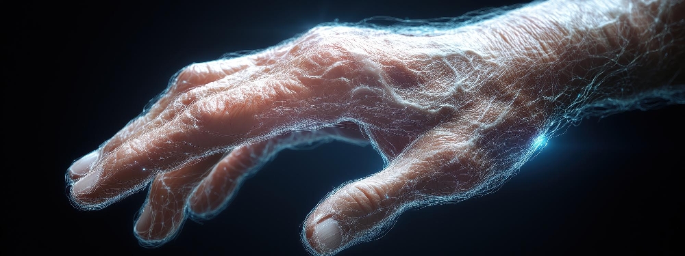 Elderly hand outstretched with glowing nerve pathway digital overlay.